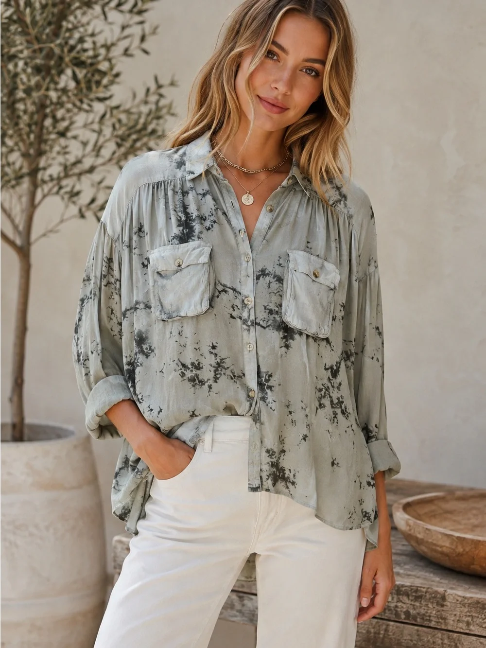 Free People Washed Sage Green Tie-Dye Button-Down Shirt (780897) ☀️